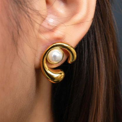 MAREN C Shaped Centered Synthetic Pearl Stud Earrings for Women's