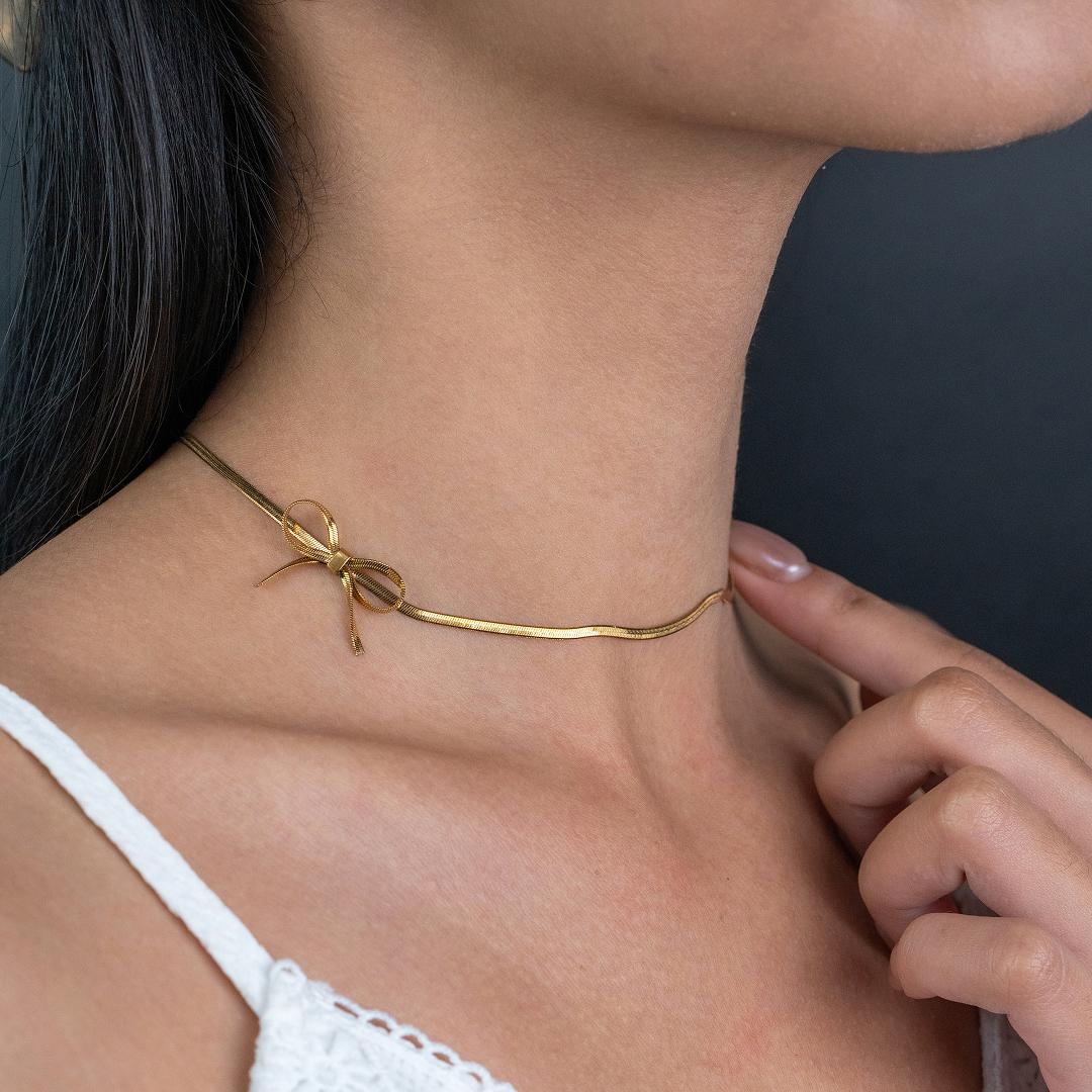 SELA Ribbon Choker Flat Necklace For Women's