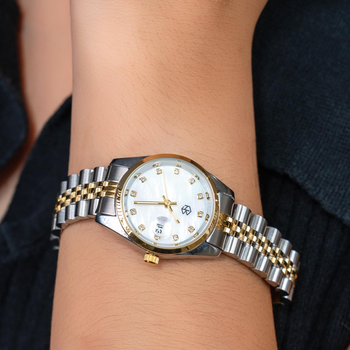 SHIVON Two-Tone Pearl White With Date Crystal Dials Women's Fashion Watch