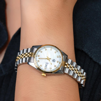 SHIVON Two-Tone Pearl White With Date Crystal Dials Women's Fashion Watch