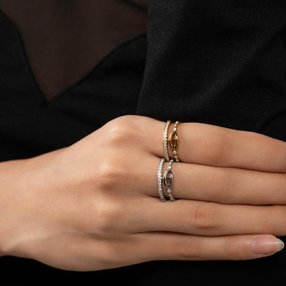 OVELIX Silver/Gld Geometric Loop with Embedded Adjustable Open Double Band Ring Fashion