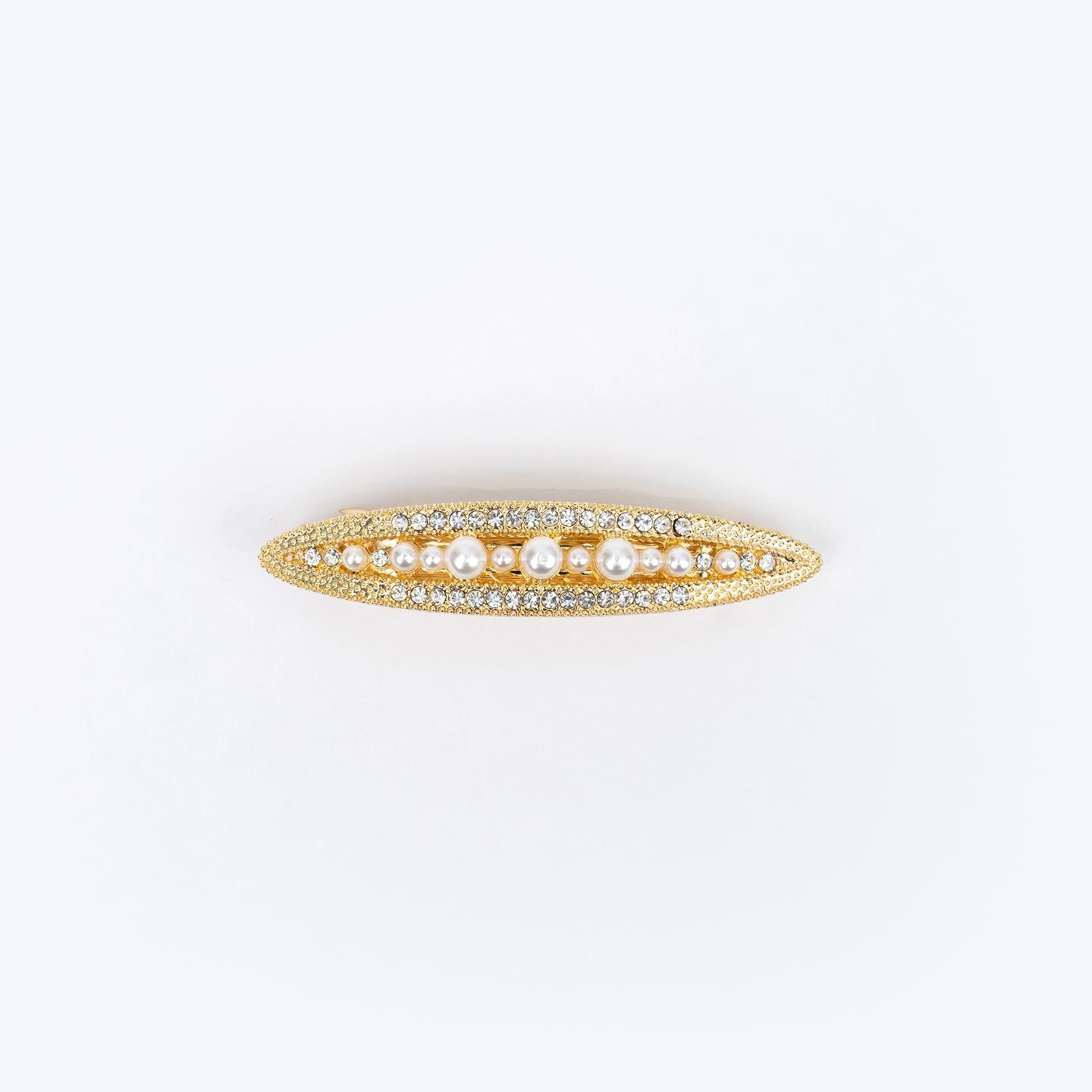 Hair Clip CECE  Gold Leaf with Synthetic Pearls for Women – Elegant Oval Barrette