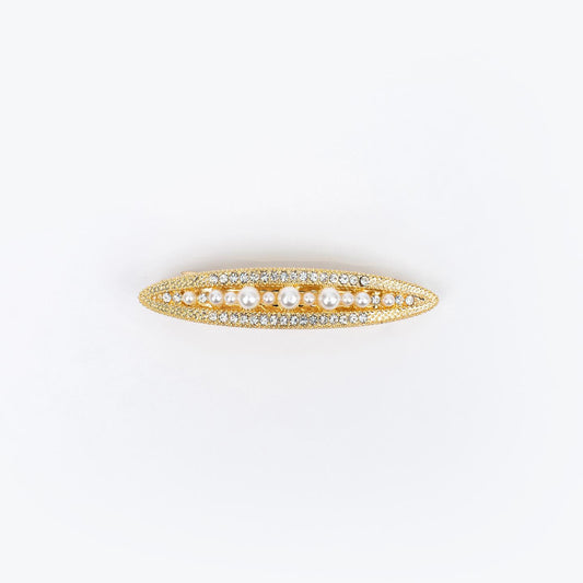 Hair Clip CECE  Gold Leaf with Synthetic Pearls for Women – Elegant Oval Barrette