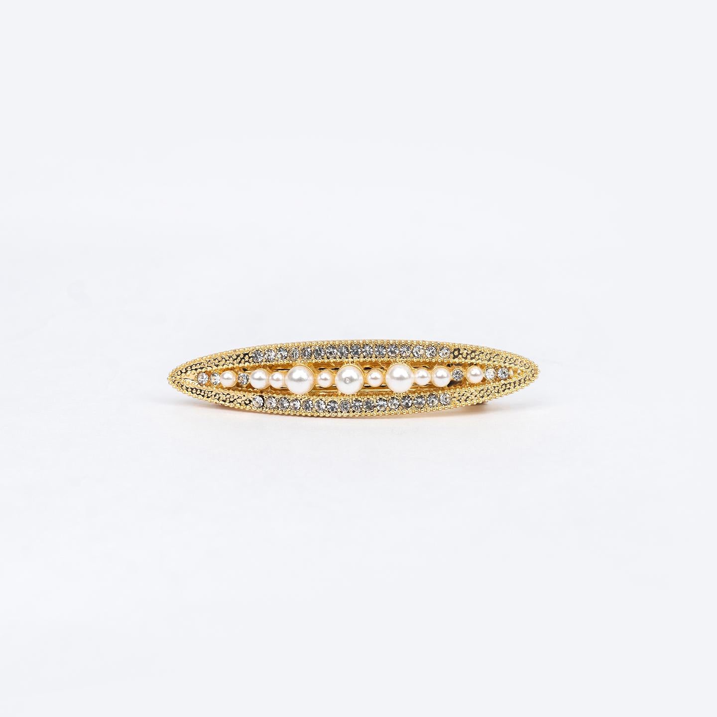 Hair Clip CECE  Gold Leaf with Synthetic Pearls for Women – Elegant Oval Barrette