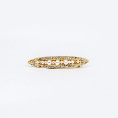 Hair Clip CECE  Gold Leaf with Synthetic Pearls for Women – Elegant Oval Barrette