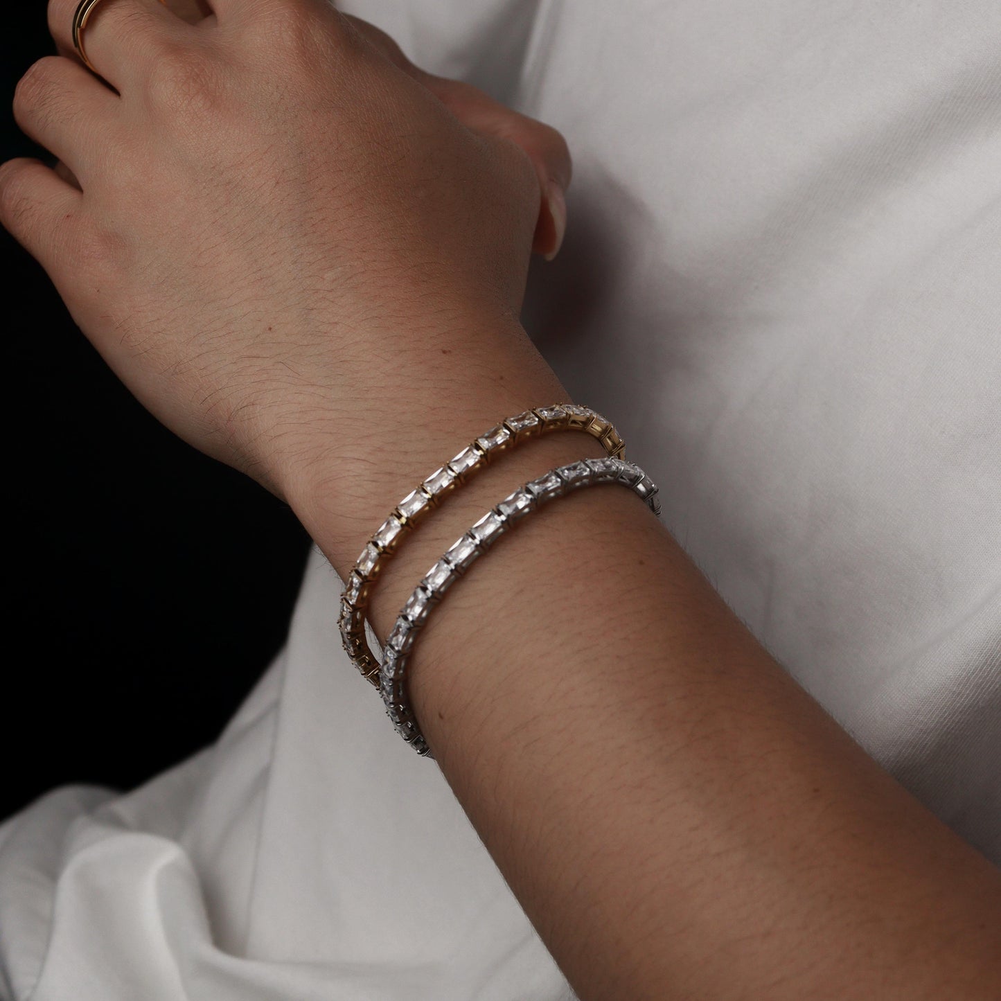 Men Jewelry FINN Gld/Silver Tennis Rectangle Link Bracelet Full Embedded Fashion For Men's