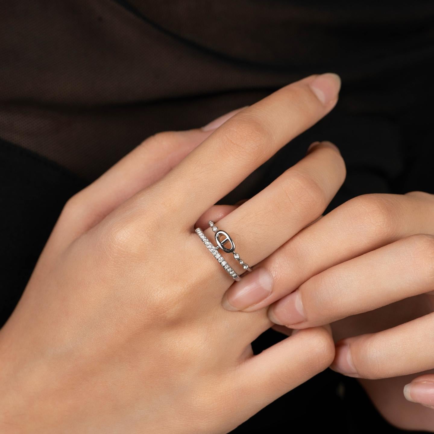 OVELIX Silver/Gld Geometric Loop with Embedded Adjustable Open Double Band Ring Fashion