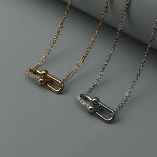 TWAIN Gld/Silver Half Buckle Embedded Pendant Double Chain Necklace for Women