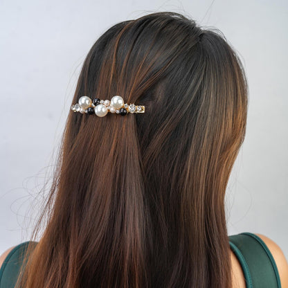 Hair Clip SOHA Black & White Pearl Rhinestone Bar Clip Barrette for Women