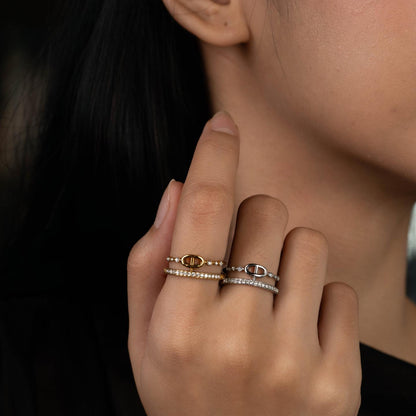 OVELIX Silver/Gld Geometric Loop with Embedded Adjustable Open Double Band Ring Fashion