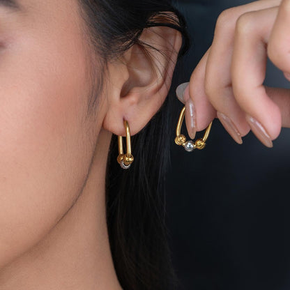 PORA Two Toned Beads Big Oval Hoop Earrings for Women's