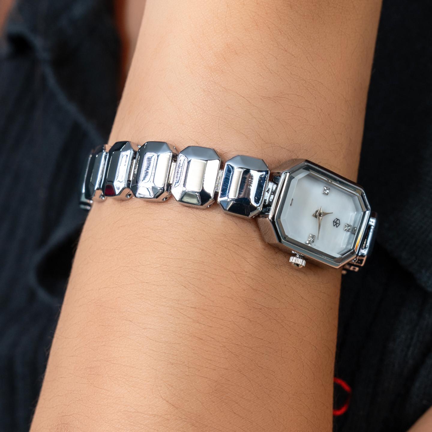 LYKA Silver Rectangle White Pearl Minimalist Women’s Watch Fashion