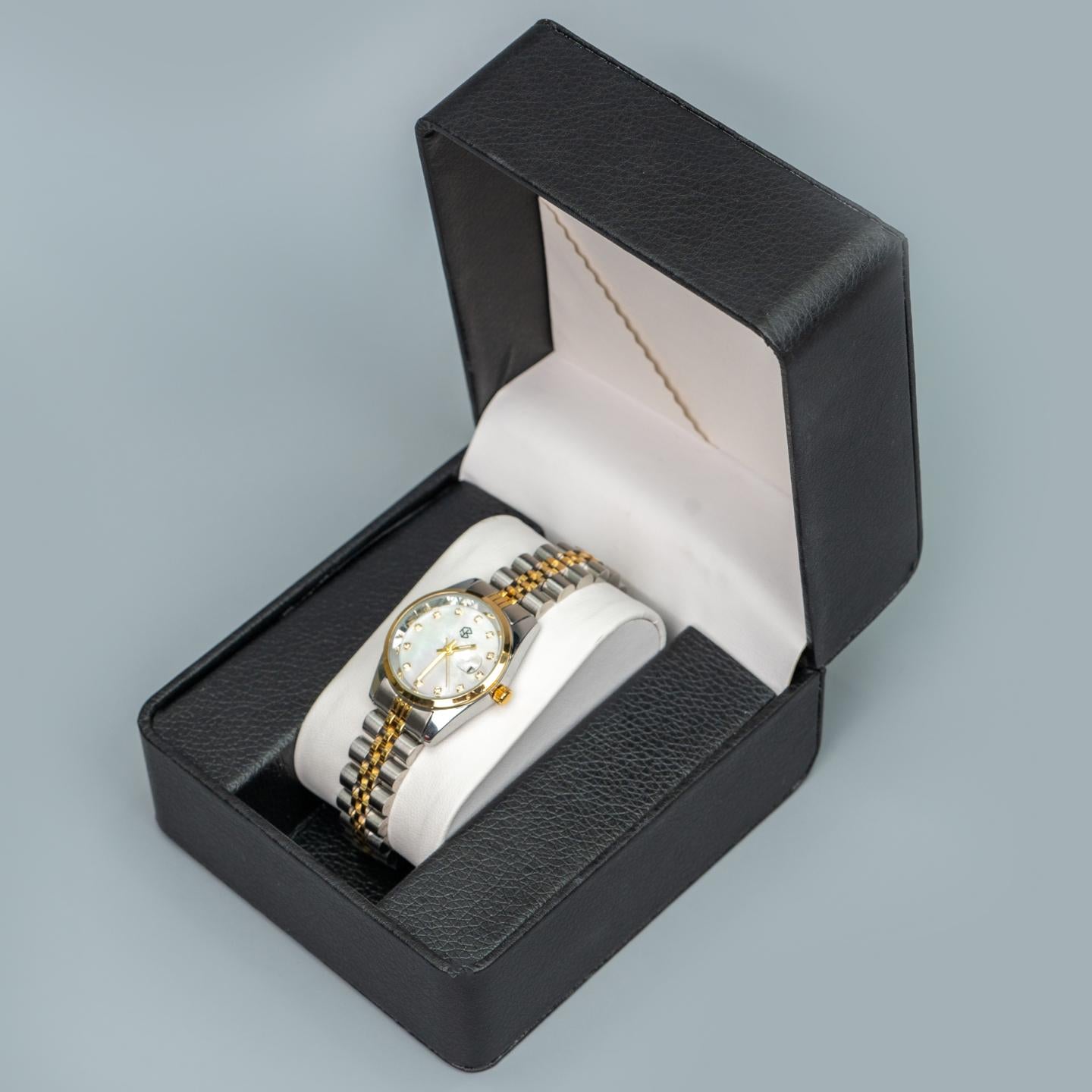 SHIVON Two-Tone Pearl White With Date Crystal Dials Women's Fashion Watch