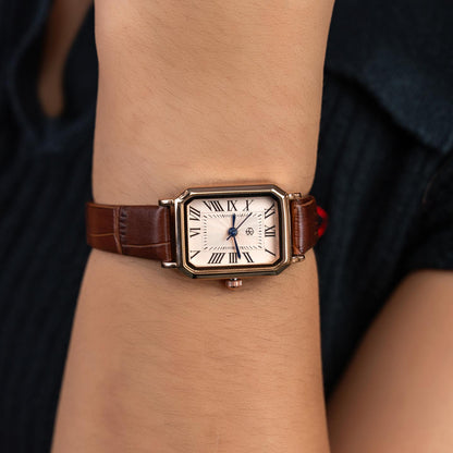 ZHAYNE Rose Gold Blue Hand Dial Roman Numerical Vintage Brown Octagonal Rectangle Leather Women’s Fashion Watch