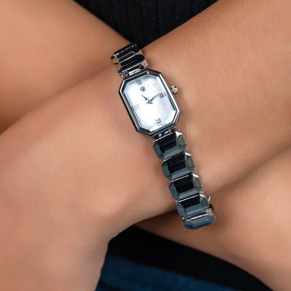 LYKA Silver Rectangle White Pearl Minimalist Women’s Watch Fashion