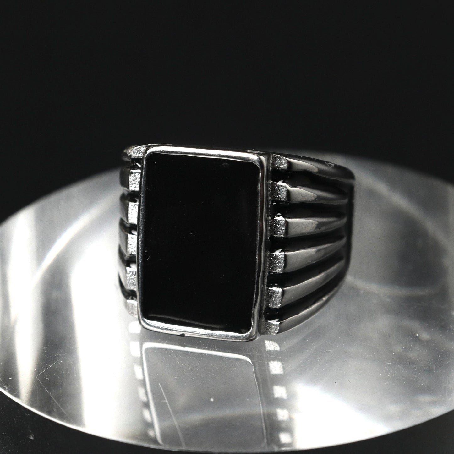 KNOXX 18mm Rectangle Silver Black Center Wide Ring For Men's