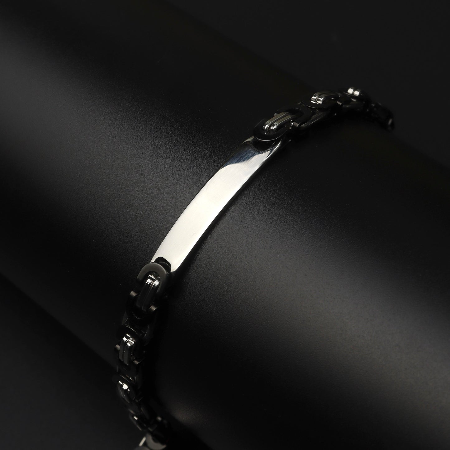 Men Jewelry KENLEY Black/Silver Interlock Bracelet Plain ID Plate No Engraved Fashion For Men