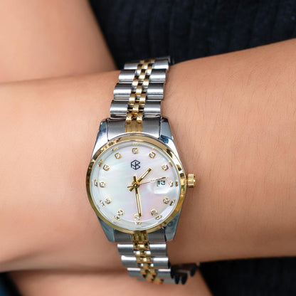 SHIVON Two-Tone Pearl White With Date Crystal Dials Women's Fashion Watch