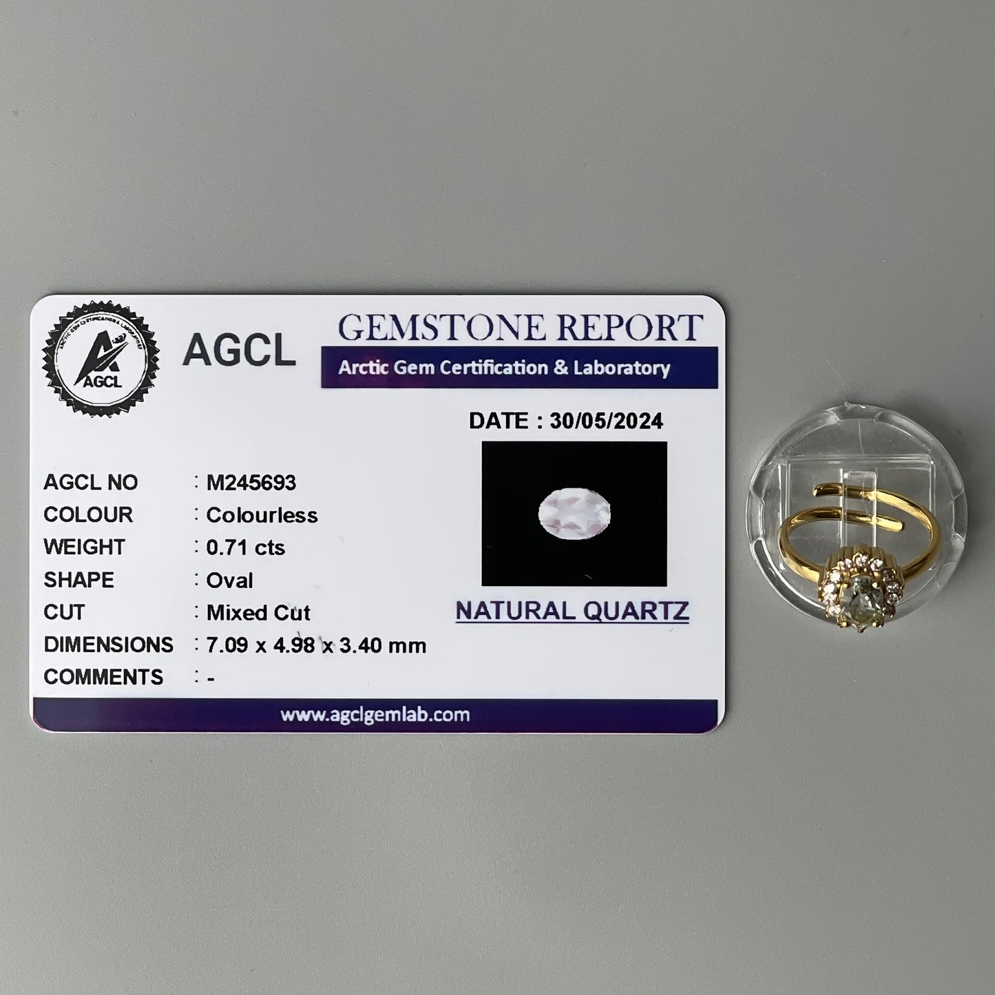 COLORLESS Pawnable Oval GEMSTONE Natural Quartz Adjustable Ring with AGCL Certification