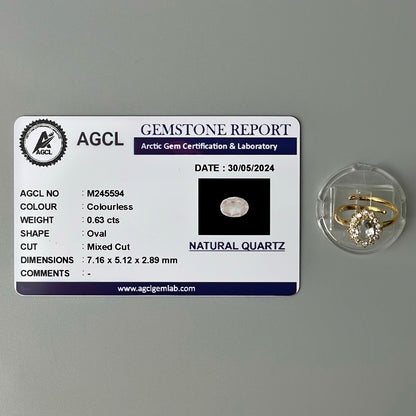 COLORLESS Pawnable Oval GEMSTONE Natural Quartz Adjustable Ring with AGCL Certification