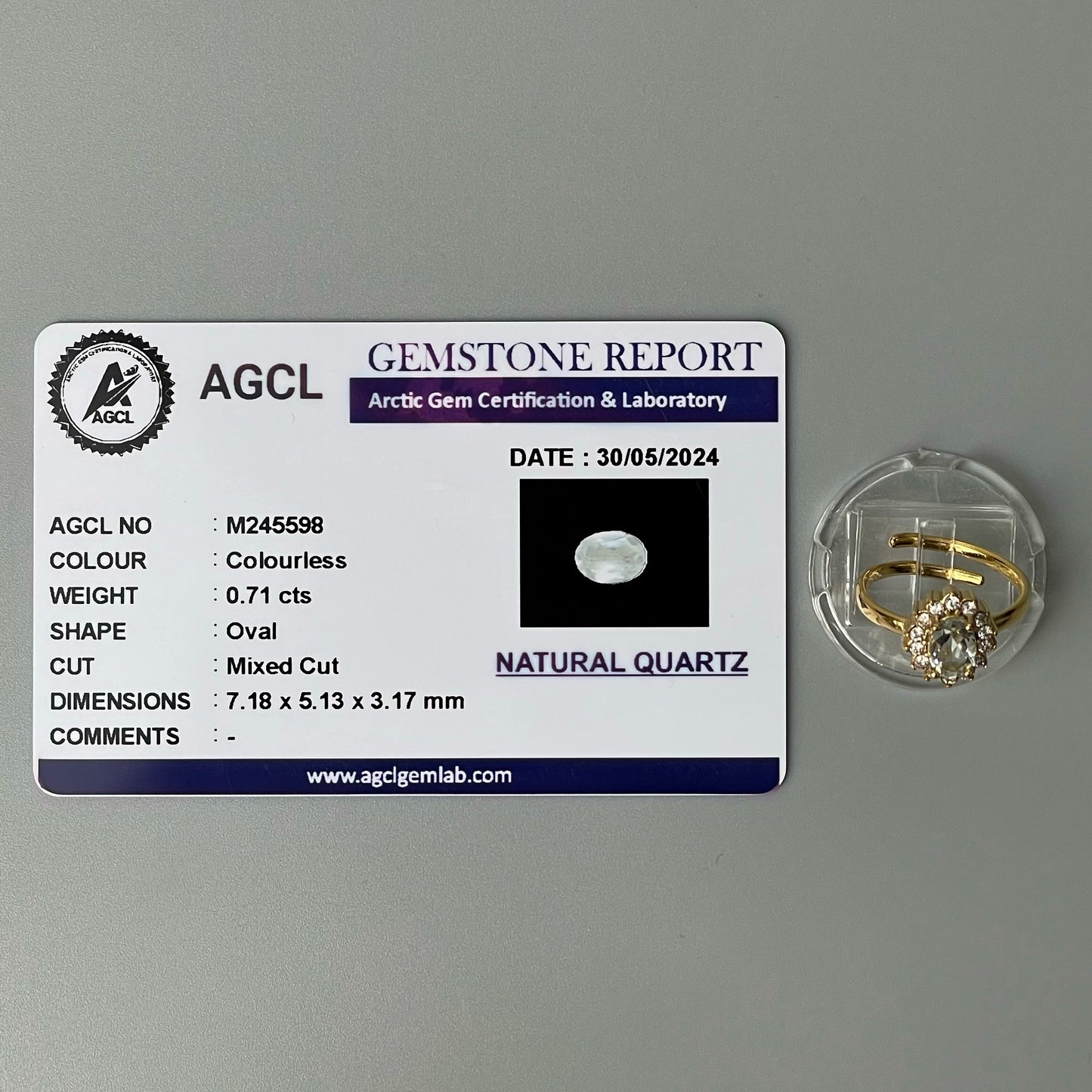 COLORLESS Pawnable Oval GEMSTONE Natural Quartz Adjustable Ring with AGCL Certification