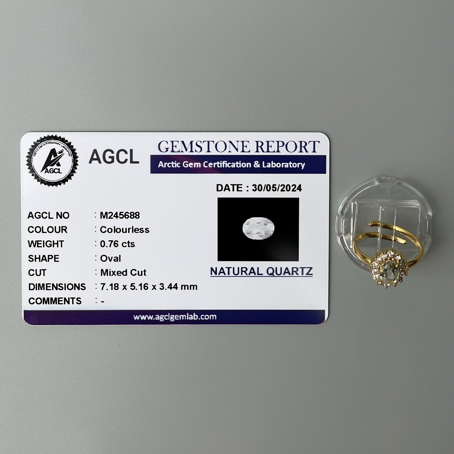 COLORLESS Pawnable Oval GEMSTONE Natural Quartz Adjustable Ring with AGCL Certification