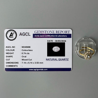 COLORLESS Pawnable Oval GEMSTONE Natural Quartz Adjustable Ring with AGCL Certification