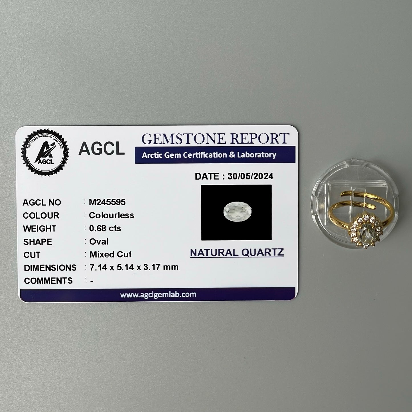 COLORLESS Pawnable Oval GEMSTONE Natural Quartz Adjustable Ring with AGCL Certification