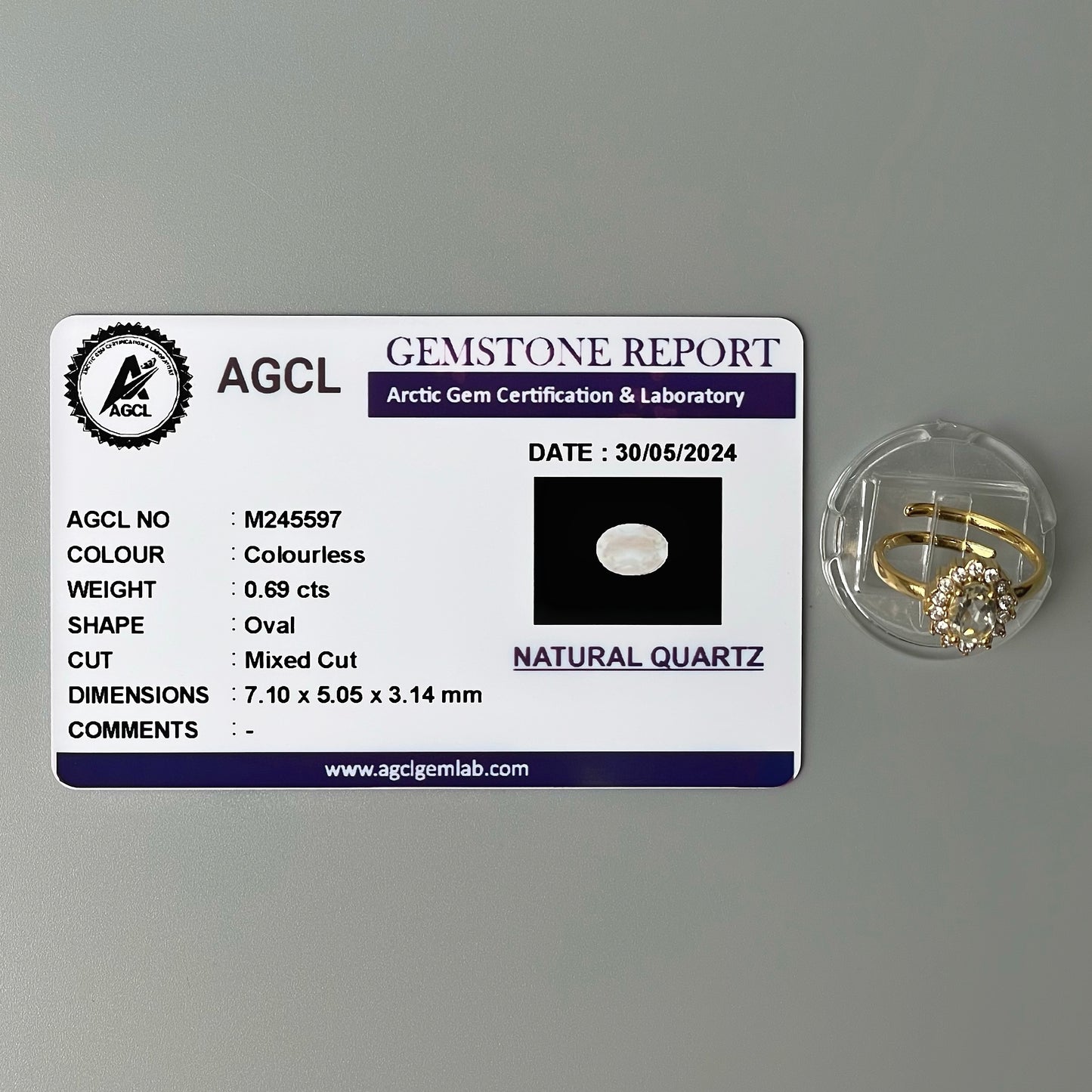 COLORLESS Pawnable Oval GEMSTONE Natural Quartz Adjustable Ring with AGCL Certification