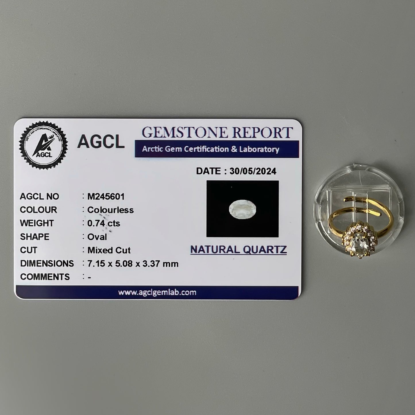 COLORLESS Pawnable Oval GEMSTONE Natural Quartz Adjustable Ring with AGCL Certification