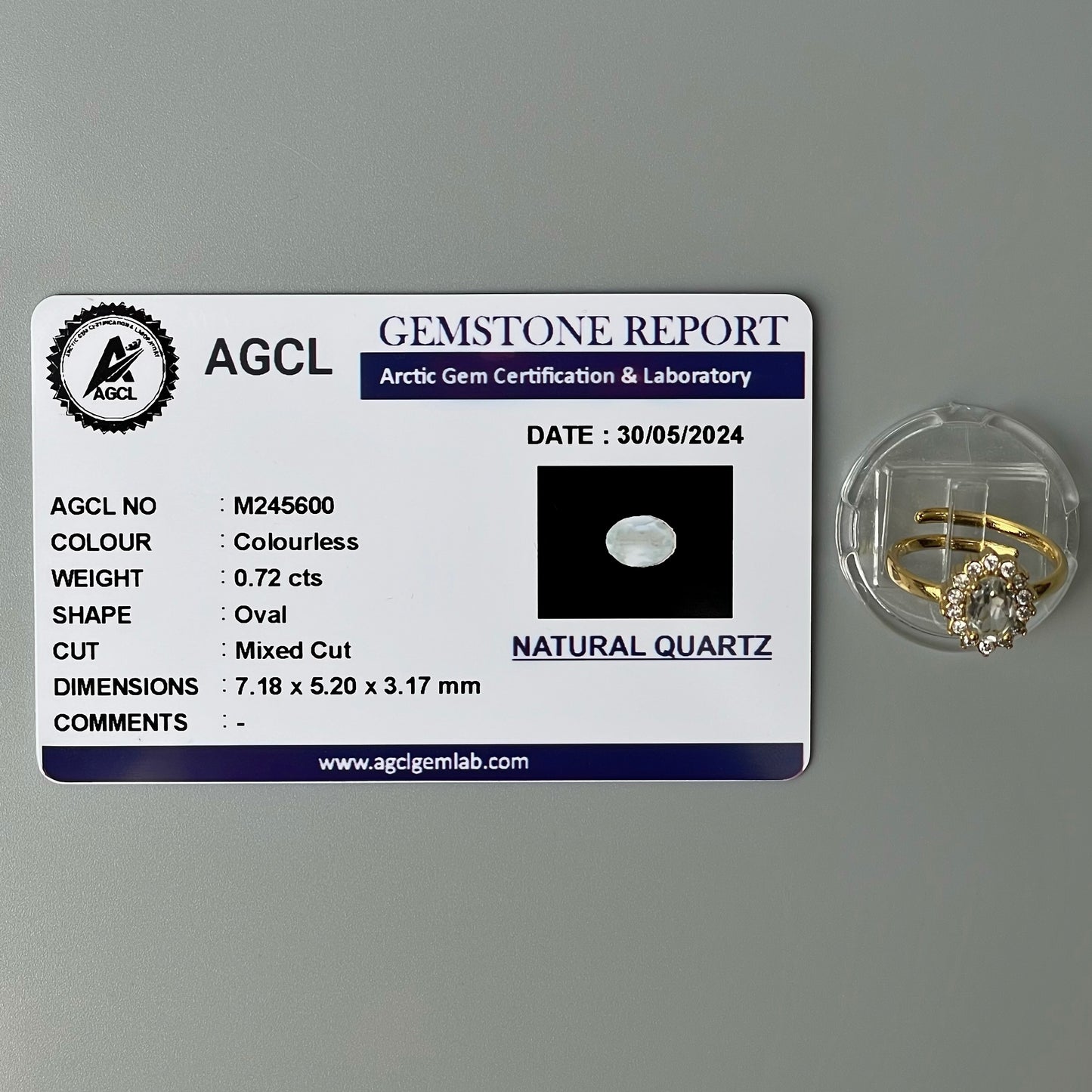 COLORLESS Pawnable Oval GEMSTONE Natural Quartz Adjustable Ring with AGCL Certification