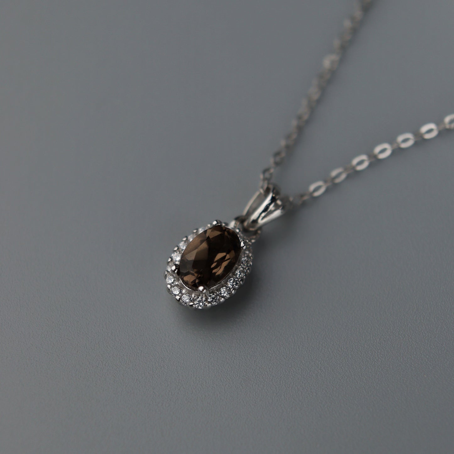 Oval Pendant Natural Smoky Quartz Gemstone S925 Silver Chain Necklace
