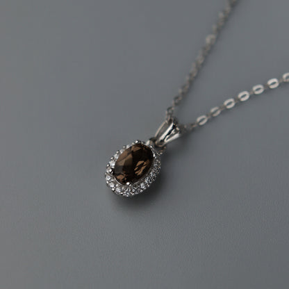 Oval Pendant Natural Smoky Quartz Gemstone S925 Silver Chain Necklace
