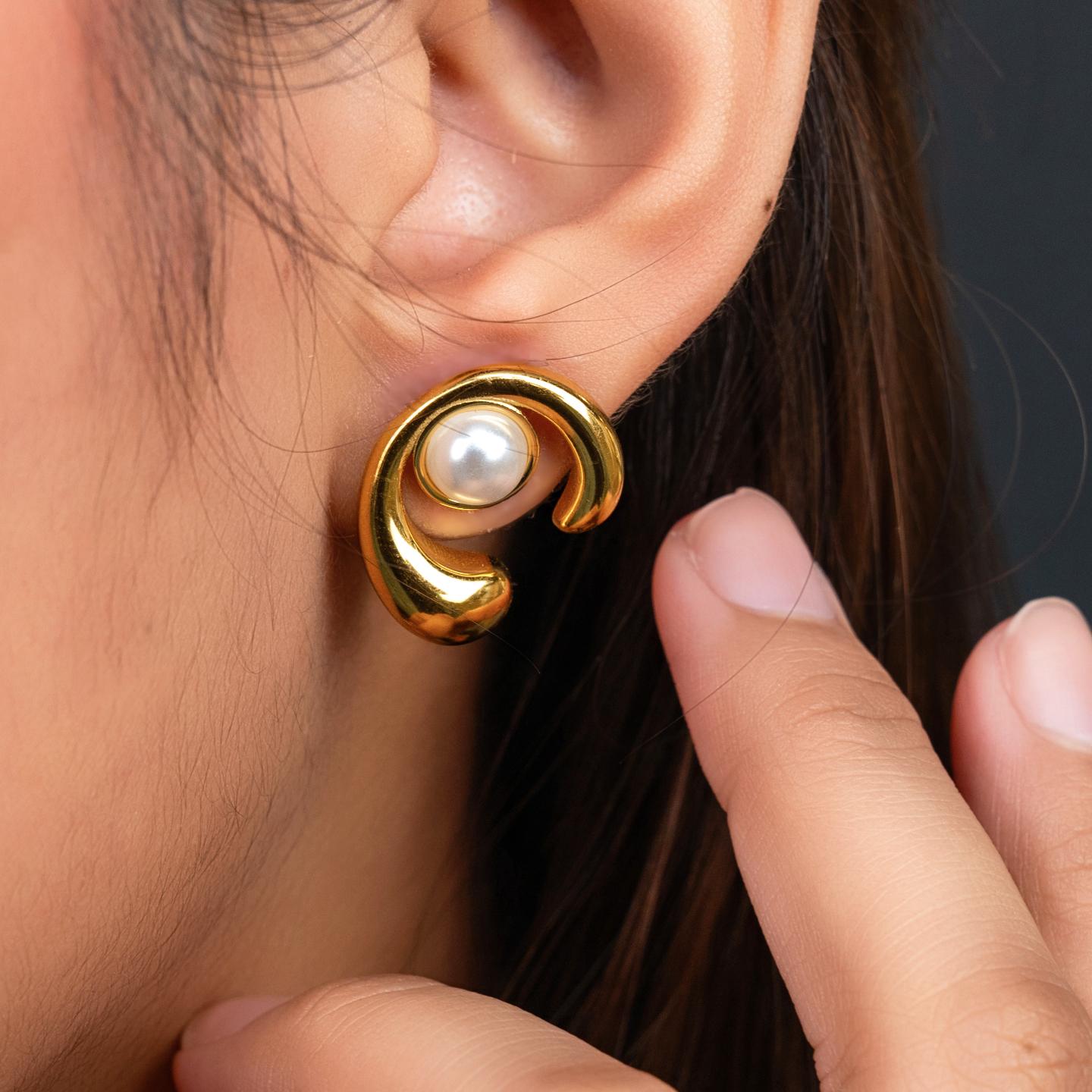 MAREN C Shaped Centered Synthetic Pearl Stud Earrings for Women's