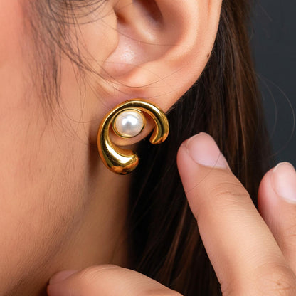 MAREN C Shaped Centered Synthetic Pearl Stud Earrings for Women's
