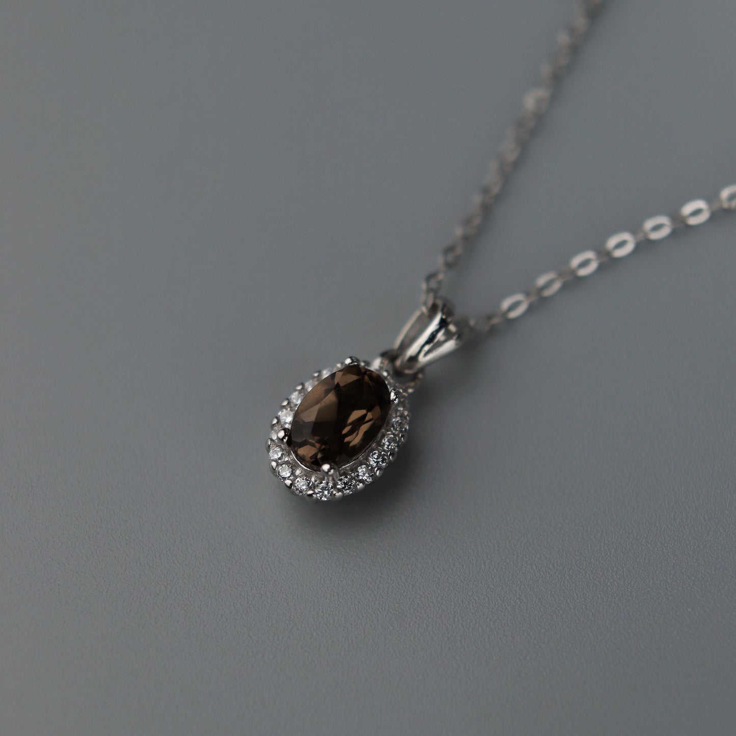 Oval Pendant Natural Smoky Quartz Gemstone S925 Silver Chain Necklace