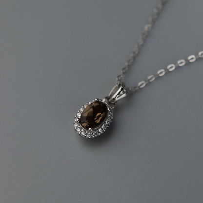 Oval Pendant Natural Smoky Quartz Gemstone S925 Silver Chain Necklace