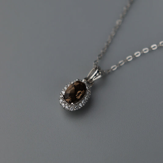 Oval Pendant Natural Smoky Quartz Gemstone S925 Silver Chain Necklace