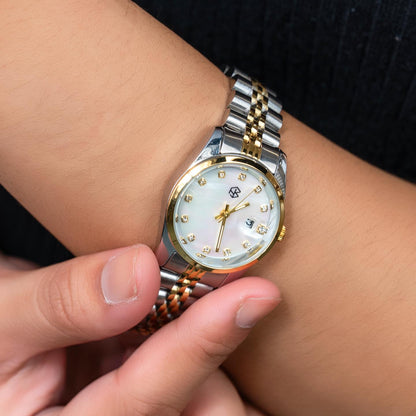 SHIVON Two-Tone Pearl White With Date Crystal Dials Women's Fashion Watch