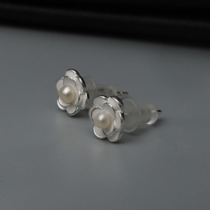 ADA S925 Silver Flower Pearl Stud Earrings Women's