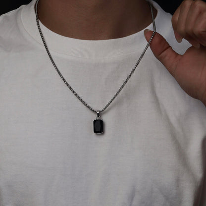 Men Jewelry DORE Black Rectangle Pendant Silver Box Chain Necklace For Men's