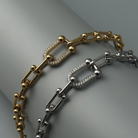 BENICE Gld/Silver Centered U Full Embedded Hollow Buckle Bracelet Fashion