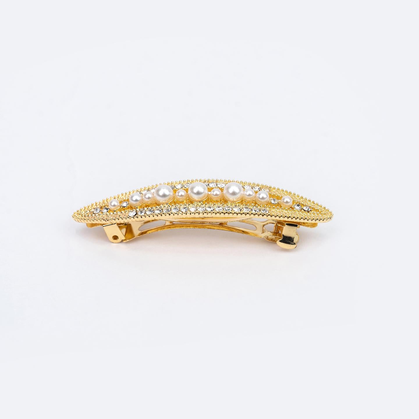 Hair Clip CECE  Gold Leaf with Synthetic Pearls for Women – Elegant Oval Barrette