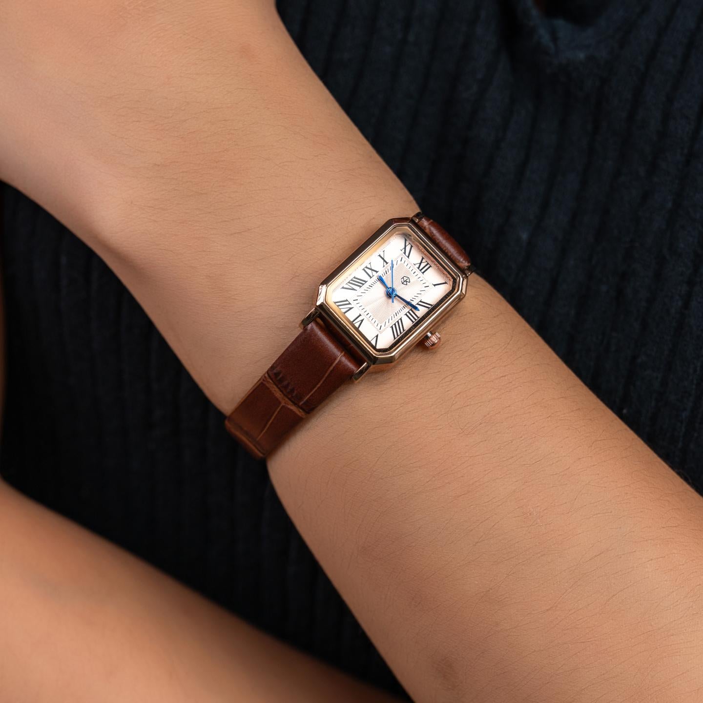 ZHAYNE Rose Gold Blue Hand Dial Roman Numerical Vintage Brown Octagonal Rectangle Leather Women’s Fashion Watch