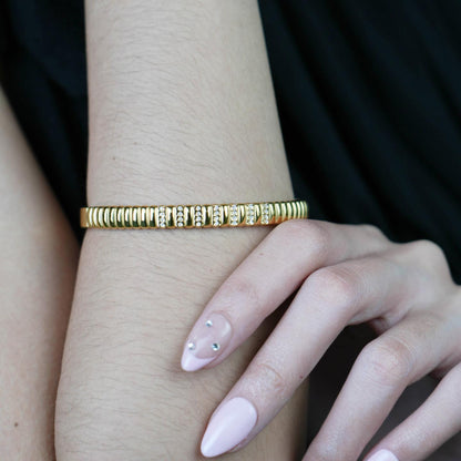 VELTARA Ribbed Texture and Glass Embedded Bangle Bracelet