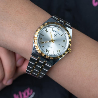 MARVONE Roman Numerical Luminous Dial Snake Two-Tone Men's Watch with Date and Day Display