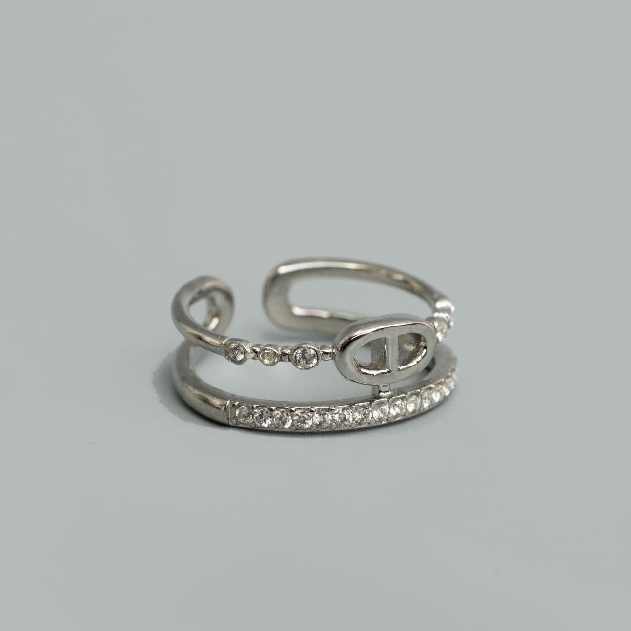 OVELIX Silver/Gld Geometric Loop with Embedded Adjustable Open Double Band Ring Fashion