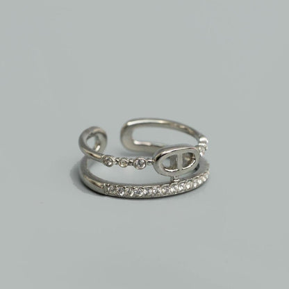 OVELIX Silver/Gld Geometric Loop with Embedded Adjustable Open Double Band Ring Fashion