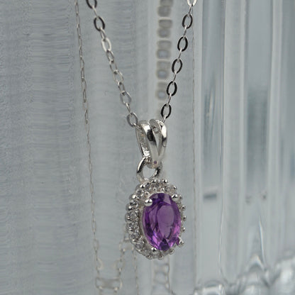 Oval Pendant Amethyst Gemstone S925 Silver Chain Necklace