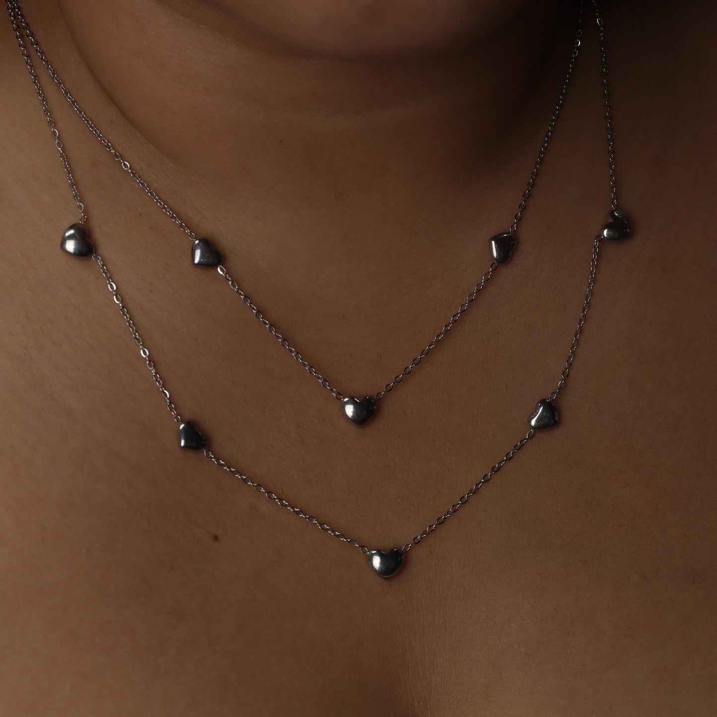 Silver Hearts Shape Collection of Choke Double Chain Necklace and Bracelet